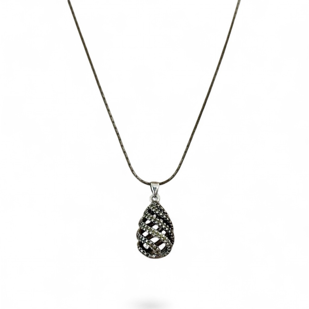 Silver Tone Necklace CZ Pendant Pave Spiral Cage Egg 19 Inch Box Chain